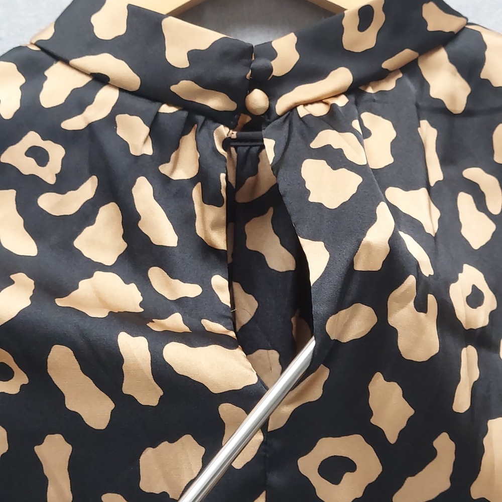 Womens M Animal Print Blouse Mock Neck Ruched‎ Sleeve Top Structured Office Chic - Picture 10 of 16